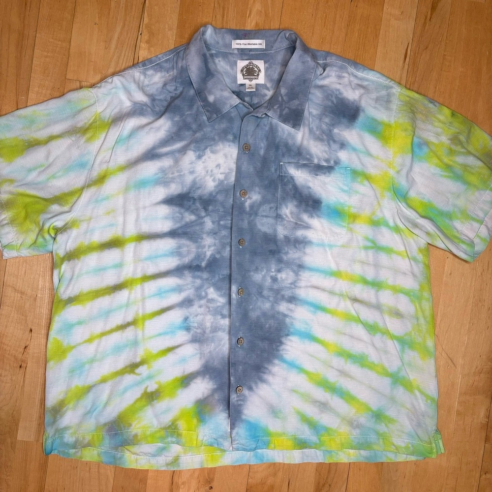 Silk Tie Dye Short Sleeve Button Up Shirt XXL Mens Hippie Euro Blue Green Retro